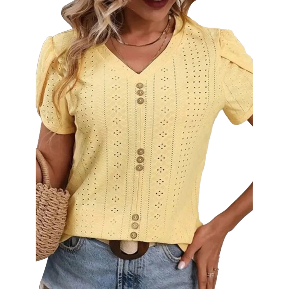 Women V Neck T Shirt Short Petal Sleeves Front Button Trim Hollow Out Casual Loose Blouses Light Yellow XL