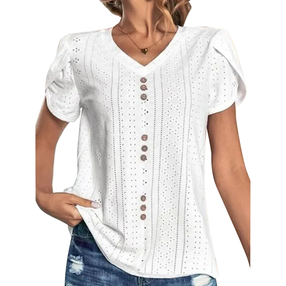 Women V Neck T Shirt Short Petal Sleeves Front Button Trim Hollow Out Casual Loose Blouses White XXL