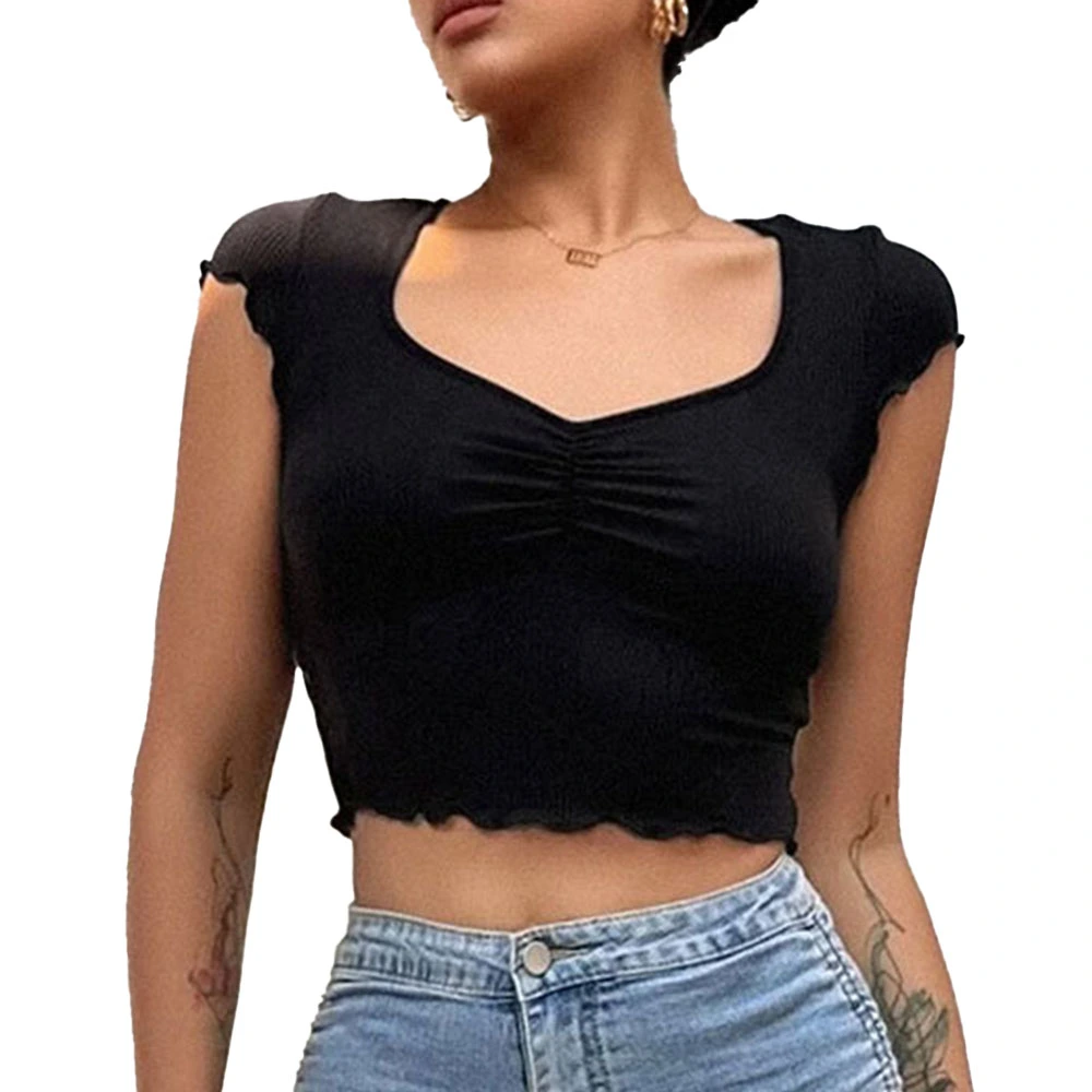 Short Sleeve V Neck Top Slim Fit Women Fashionable Pure Color Ruched Bust Short Shirt for Office Work Black XL