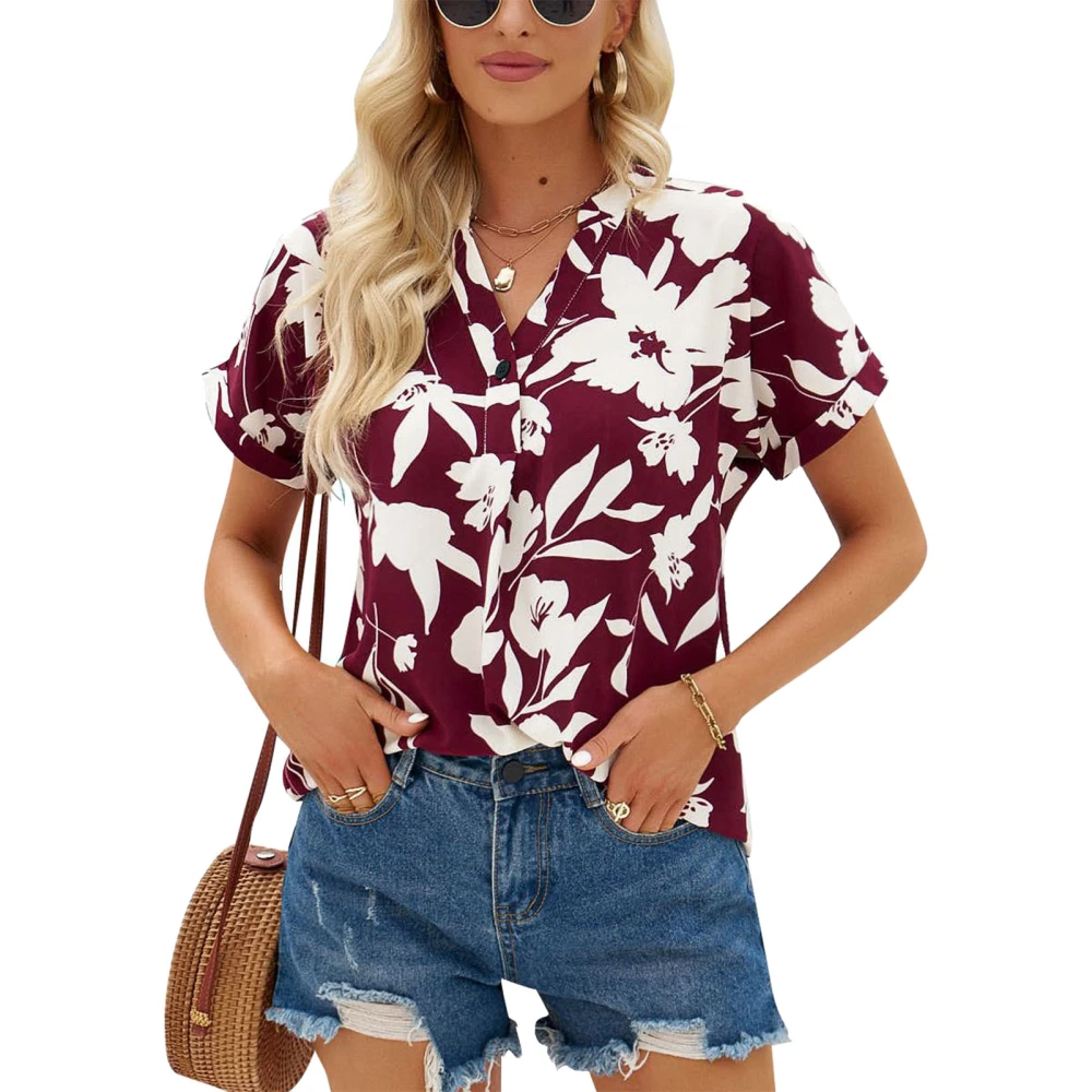 Chiffon Short Sleeve Shirt Women Floral Print Short Sleeved Summer Vneck Loose and Casual Short Sleeve Top Wine Red XL