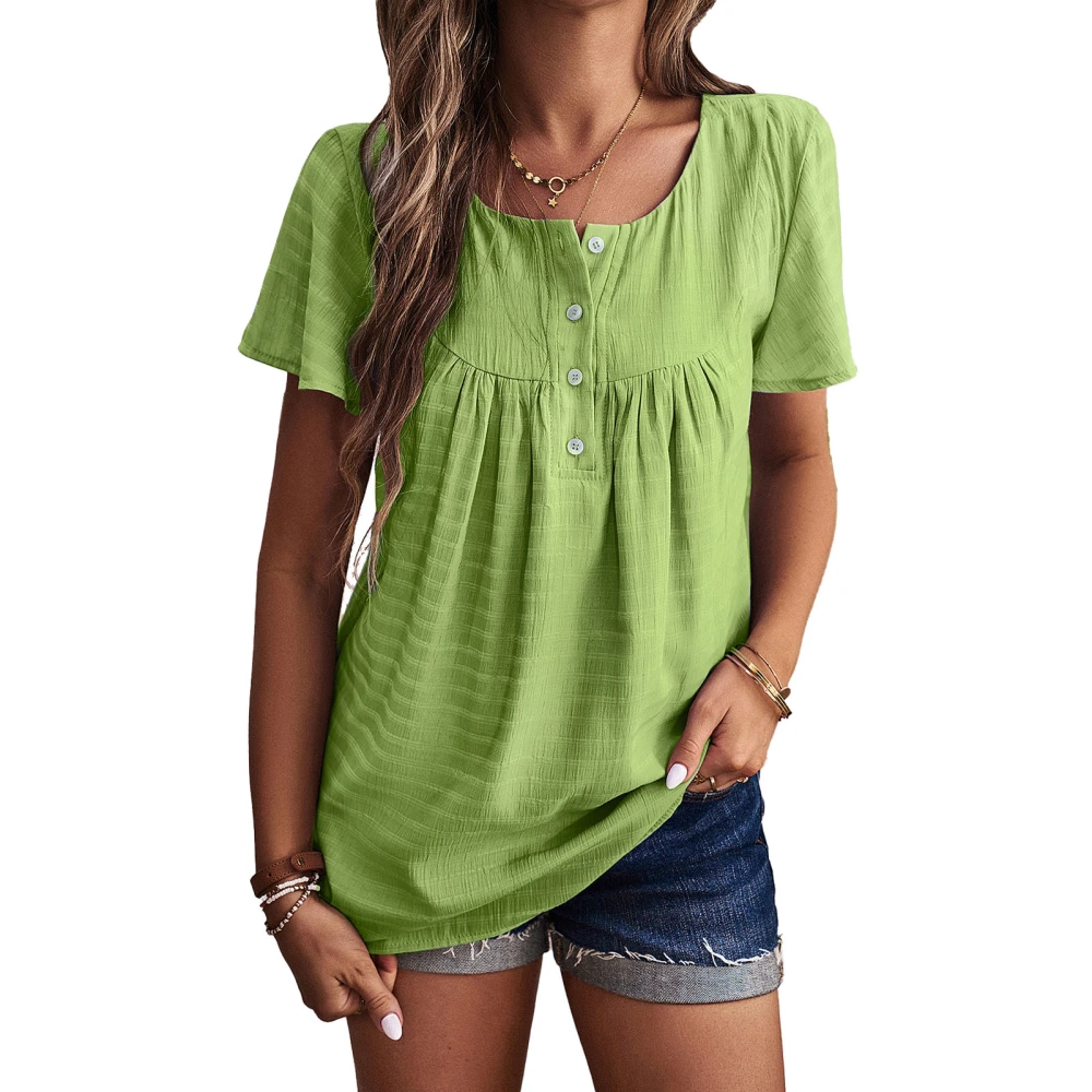 Women Pleated Bust Top Button Trim Short Ruffle Sleeves U Neck Casual Summer T Shirt Green XL