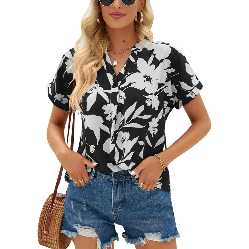 Chiffon Short Sleeve Shirt Women Floral Print Short Sleeved Summer Vneck Loose and Casual Short Sleeve Top Black S