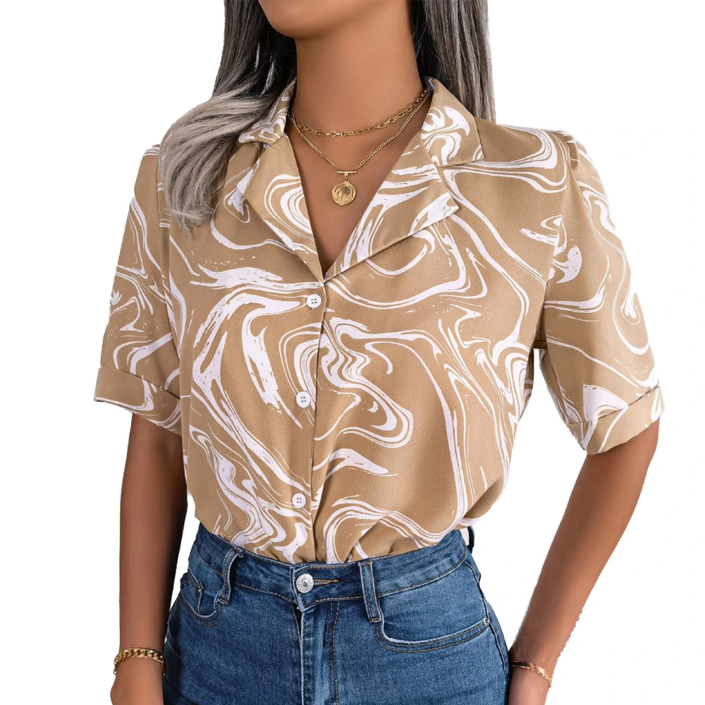 Women Short Sleeve Button Down Shirt Summer Fashion Casual Loose Women Printed V Neck Short Sleeve Blouse Khaki M