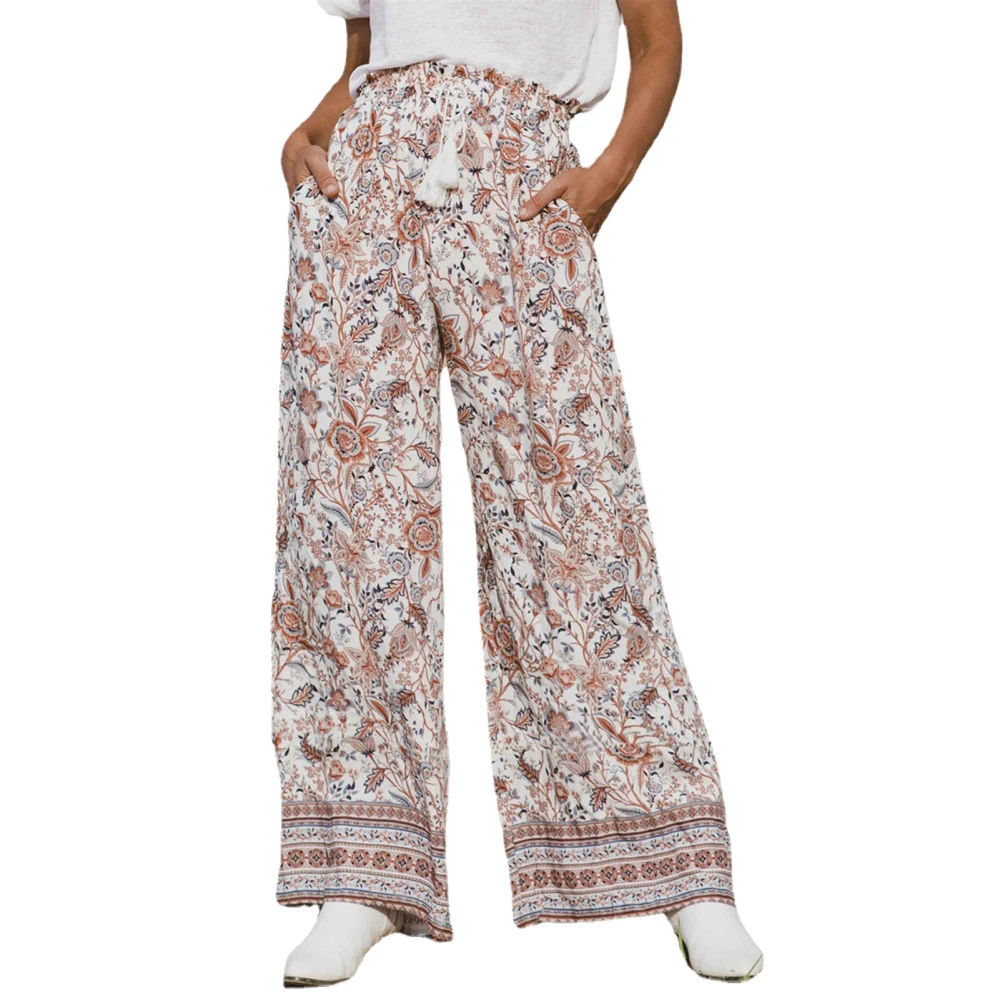 Women Long Pants Wide Leg Trousers Tie Front Floral Print Pants Mid Waisted Elastic Trousers Pink M