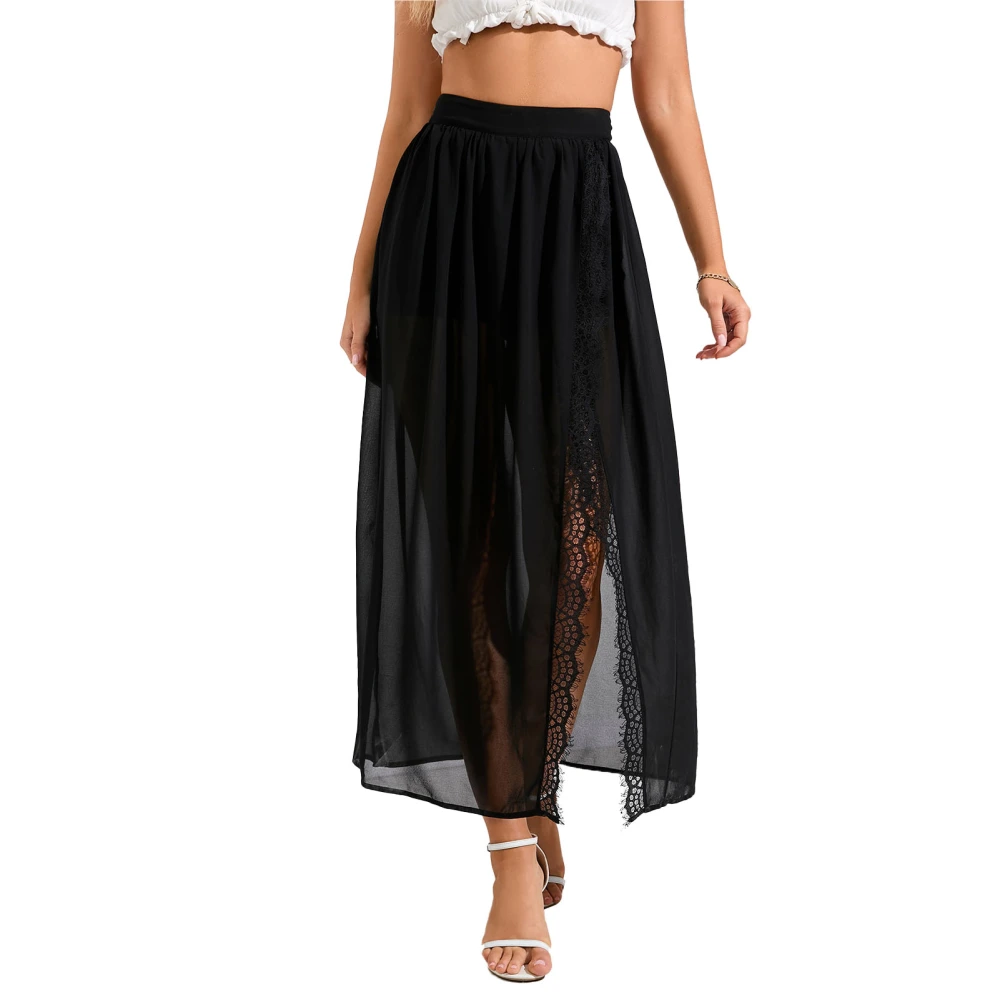 Women Long Skirt Lace Mesh Dress High Waist Elastic Split Thigh Skirt Summer Beach Maxi Dress with Shorts Black L