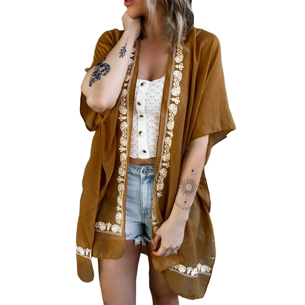 Women Open Front Cover Up Casual Loose Flowy Floral Print UV Protection Half Sleeve Bathing Suit Cover Up Brown Free Size