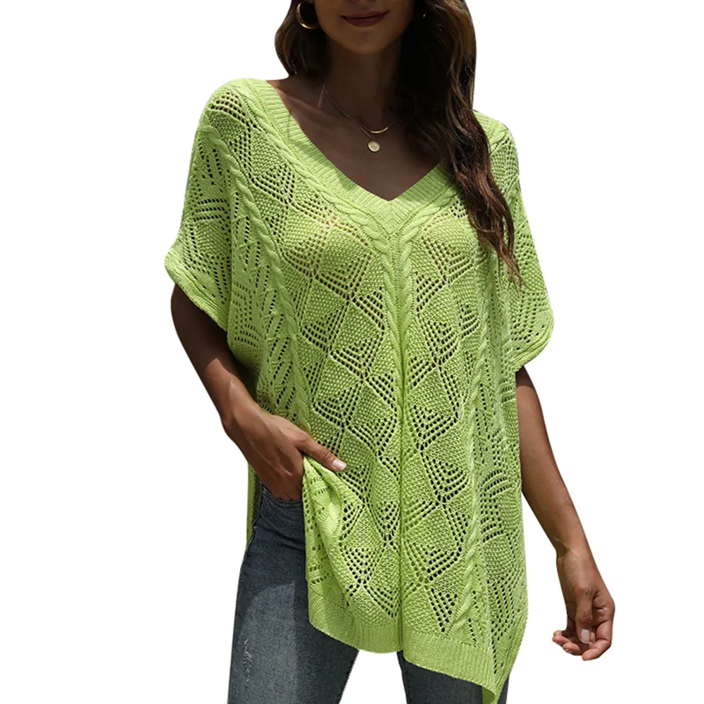 Women Hollow Out Knit Top Batwing Sleeve Loose Pure Color V Neck Short Sleeve Knit Shirt for Summer Light Green L-XL