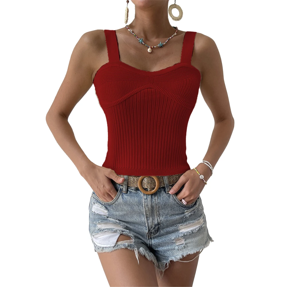 Women Summer Tank Top Strap Rib Knit Sleeveless Strechy Slim Fit Tank Top for Female Wine Red M