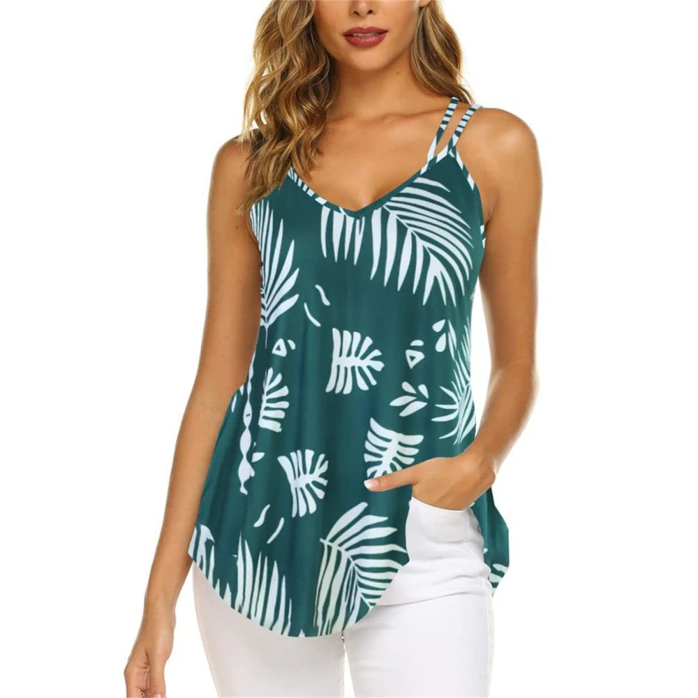 Double Strap Camisole Sleeveless Flowy V Neckline Double Strap Tank for Summer Lady Girl Green Printed S