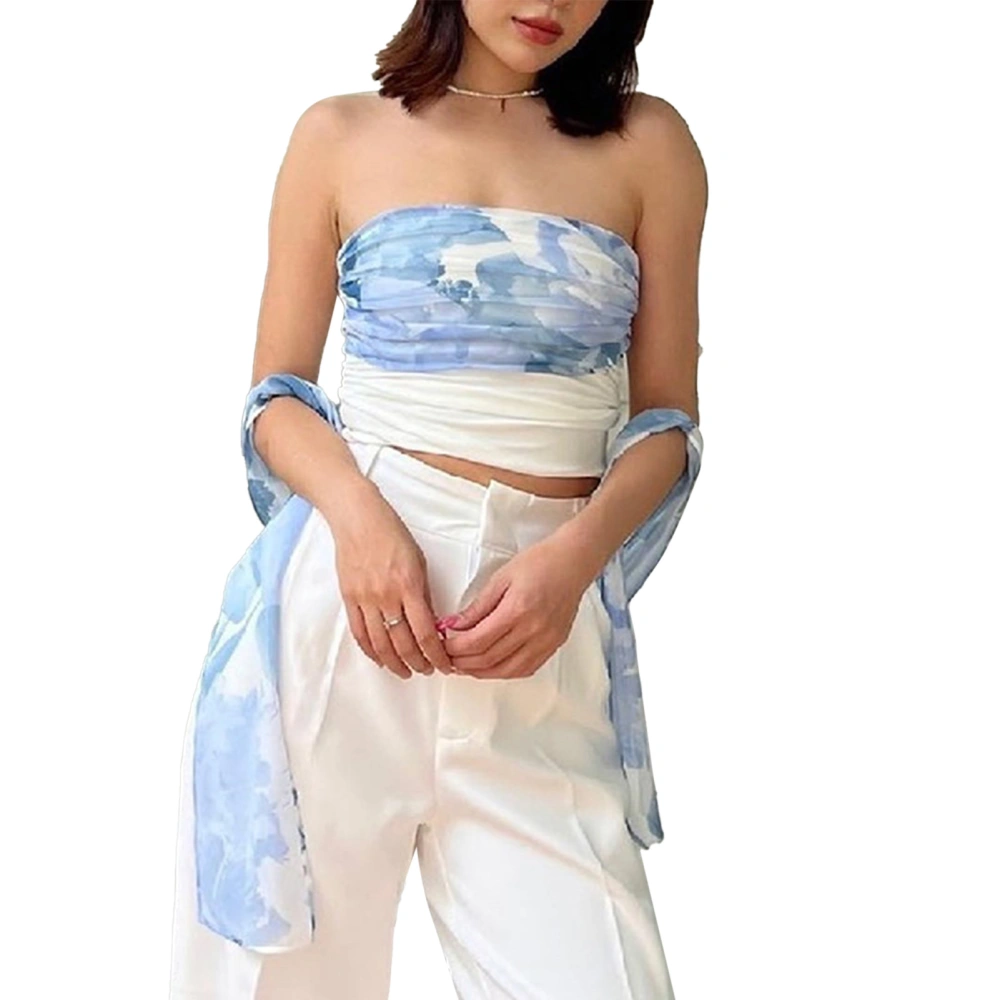 Women Tube Top Summer Casual Floral Tie Dye Color Block Slim Fit Tube Top with Strap for Female Blue L