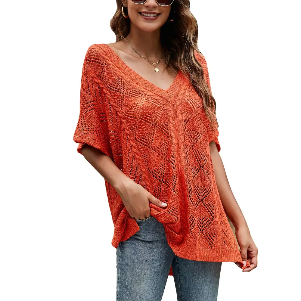 Women Hollow Out Knit Top Batwing Sleeve Loose Pure Color V Neck Short Sleeve Knit Shirt for Summer Orange S-M