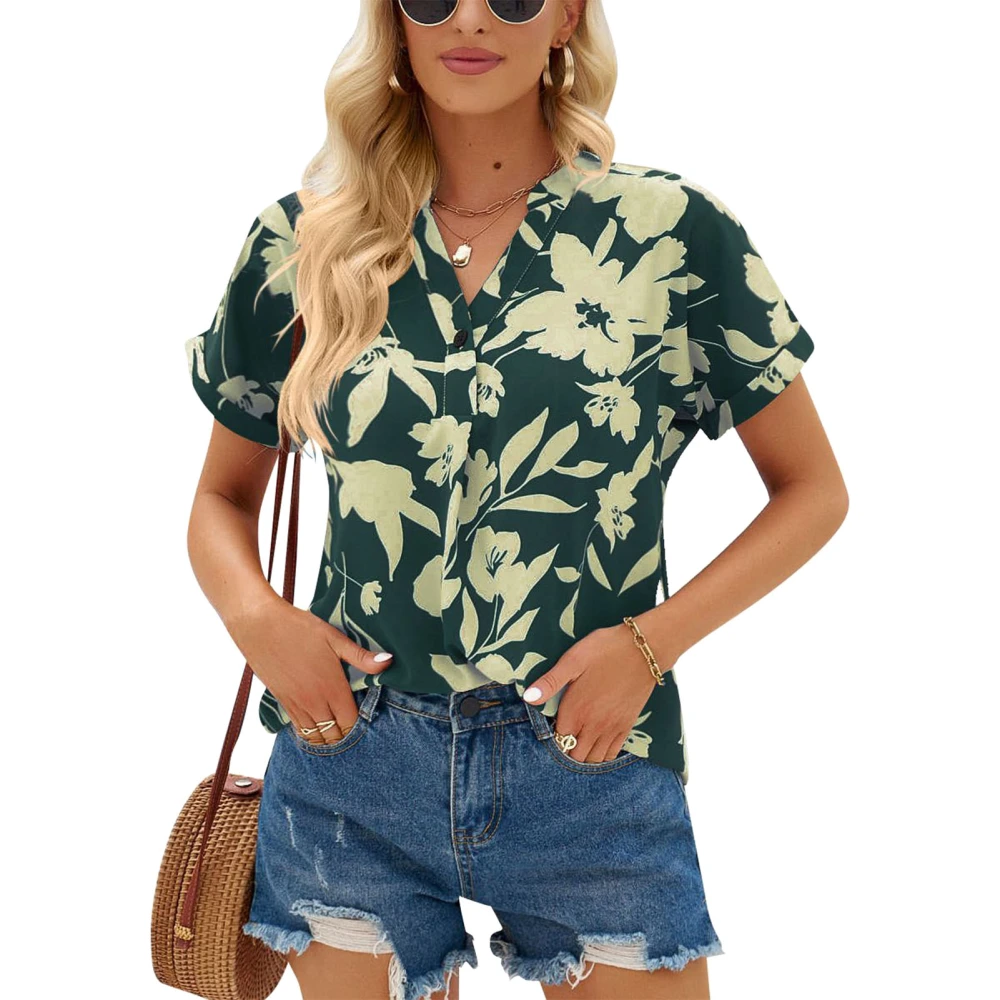 Chiffon Short Sleeve Shirt Women Floral Print Short Sleeved Summer Vneck Loose and Casual Short Sleeve Top Green XL