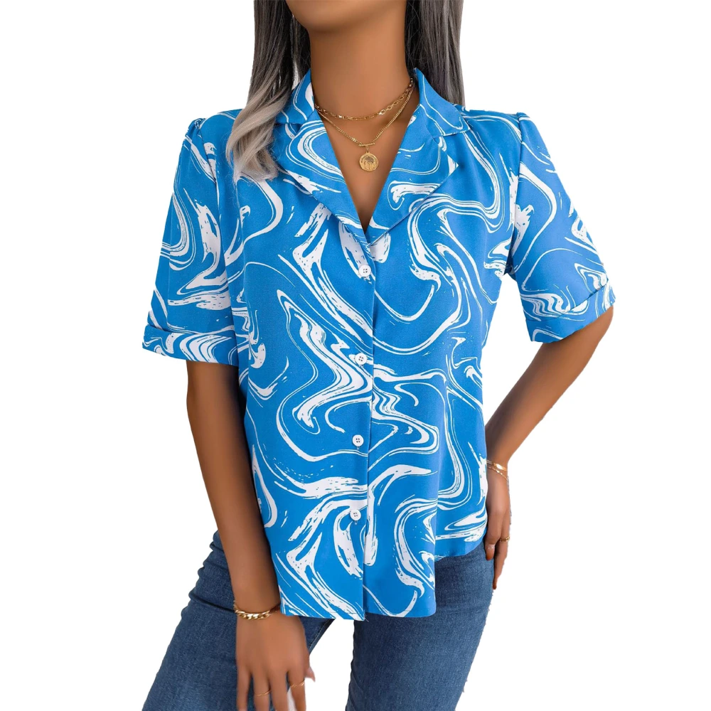 Women Short Sleeve Button Down Shirt Summer Fashion Casual Loose Women Printed V Neck Short Sleeve Blouse Blue M