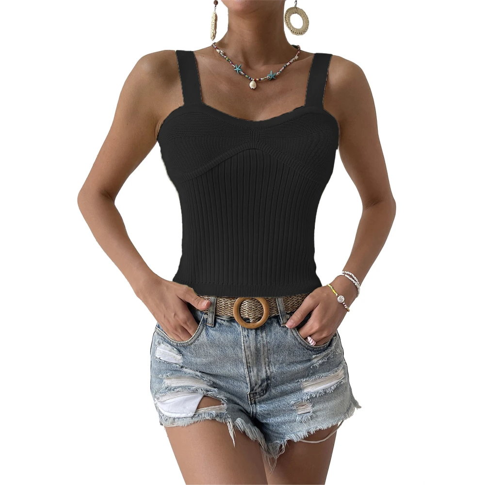 Women Summer Tank Top Strap Rib Knit Sleeveless Strechy Slim Fit Tank Top for Female Black L