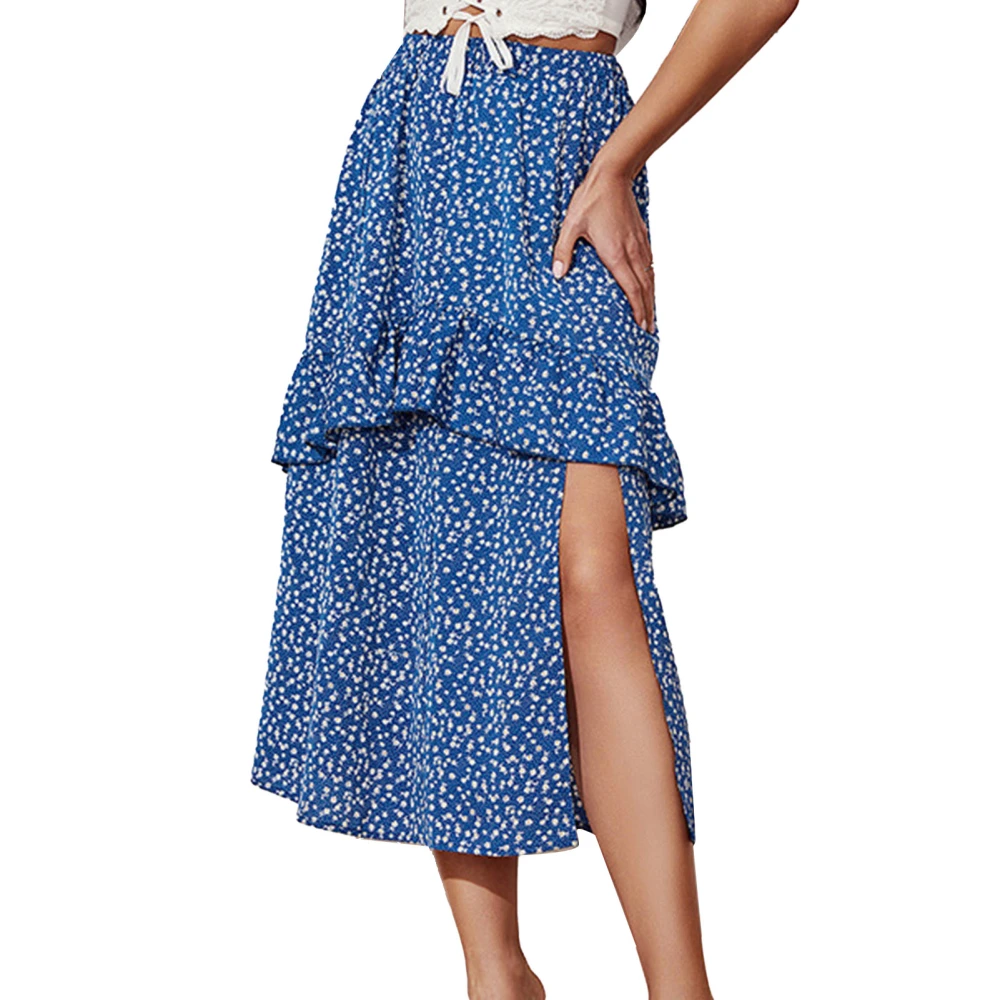 Midi Skirt Elastic Waistband Floral Print Side Slit Ruffled A Line Women Skirt for Casual Dating Street Beach Blue S