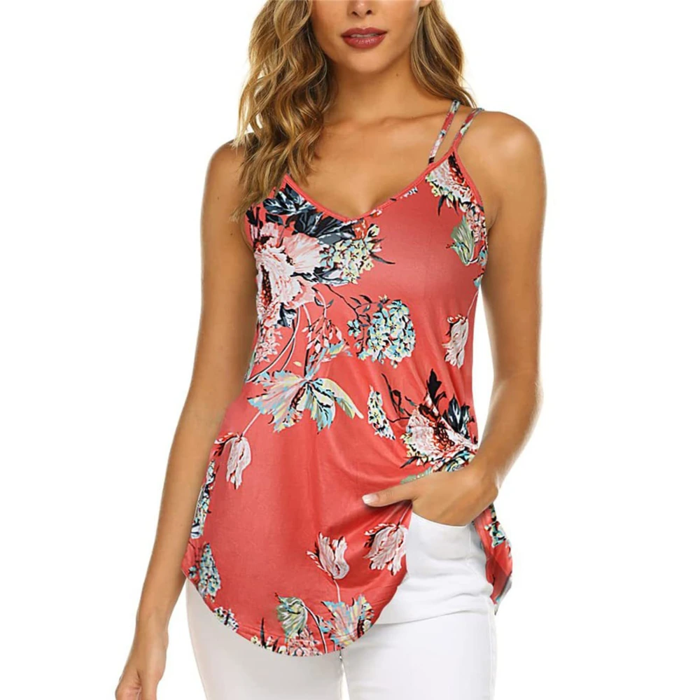 Double Strap Camisole Sleeveless Flowy V Neckline Double Strap Tank for Summer Lady Girl Pink Printed S