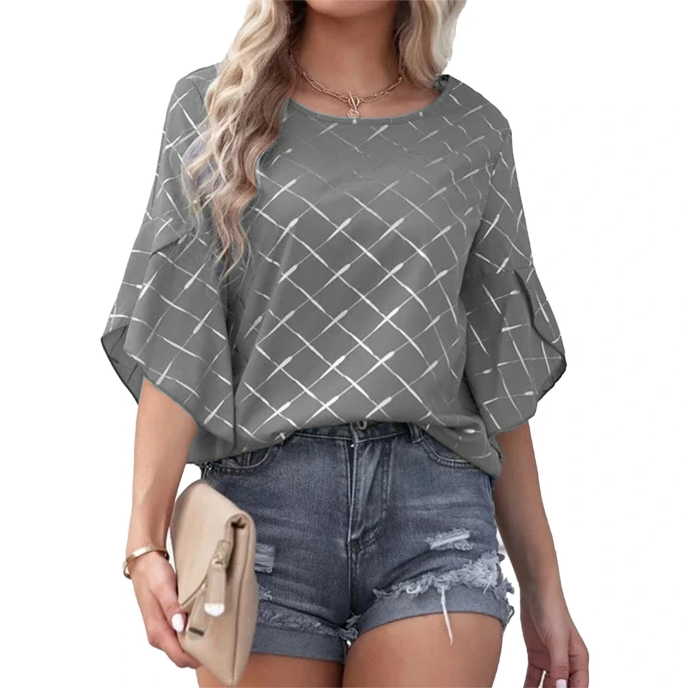 Women Short Sleeve Top Round Neck Ruffle Sleeve Blouse Printed Shirt Summer Loose Shirt Grey XXL