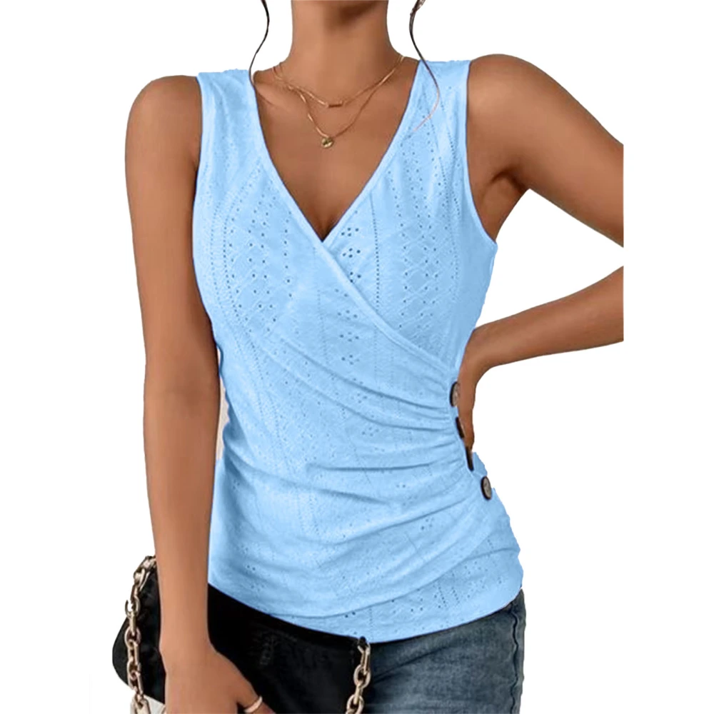 Wrap V Neck Ruched Tank Top Women Plain Color Waist Gathered Eyelet Hollow Button Decor Sleeveless Shirt Blue L