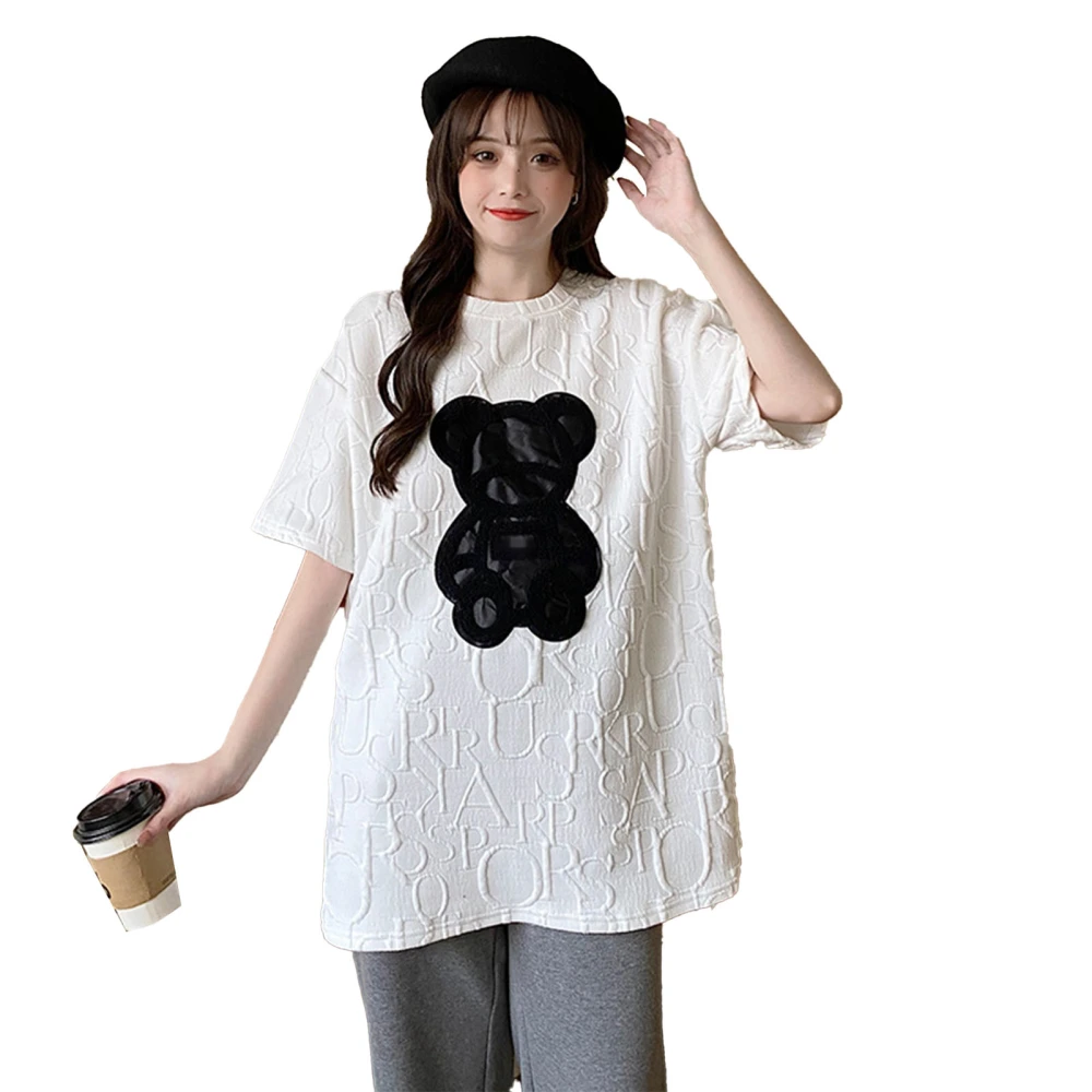 Women T Shirt Round Neck Embossed Letters Bear Pattern Loose Fit Lady Students Short Sleeve Top for Summer White L