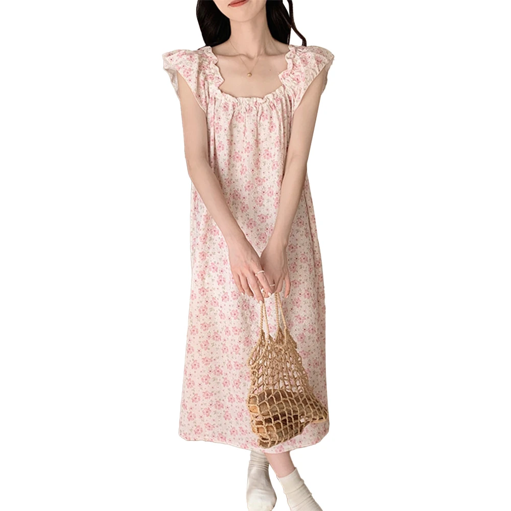 Nightgown for Women Soft Cotton Floral Sleeveless Long Sleepwear Nightdress for Summer Pink XL