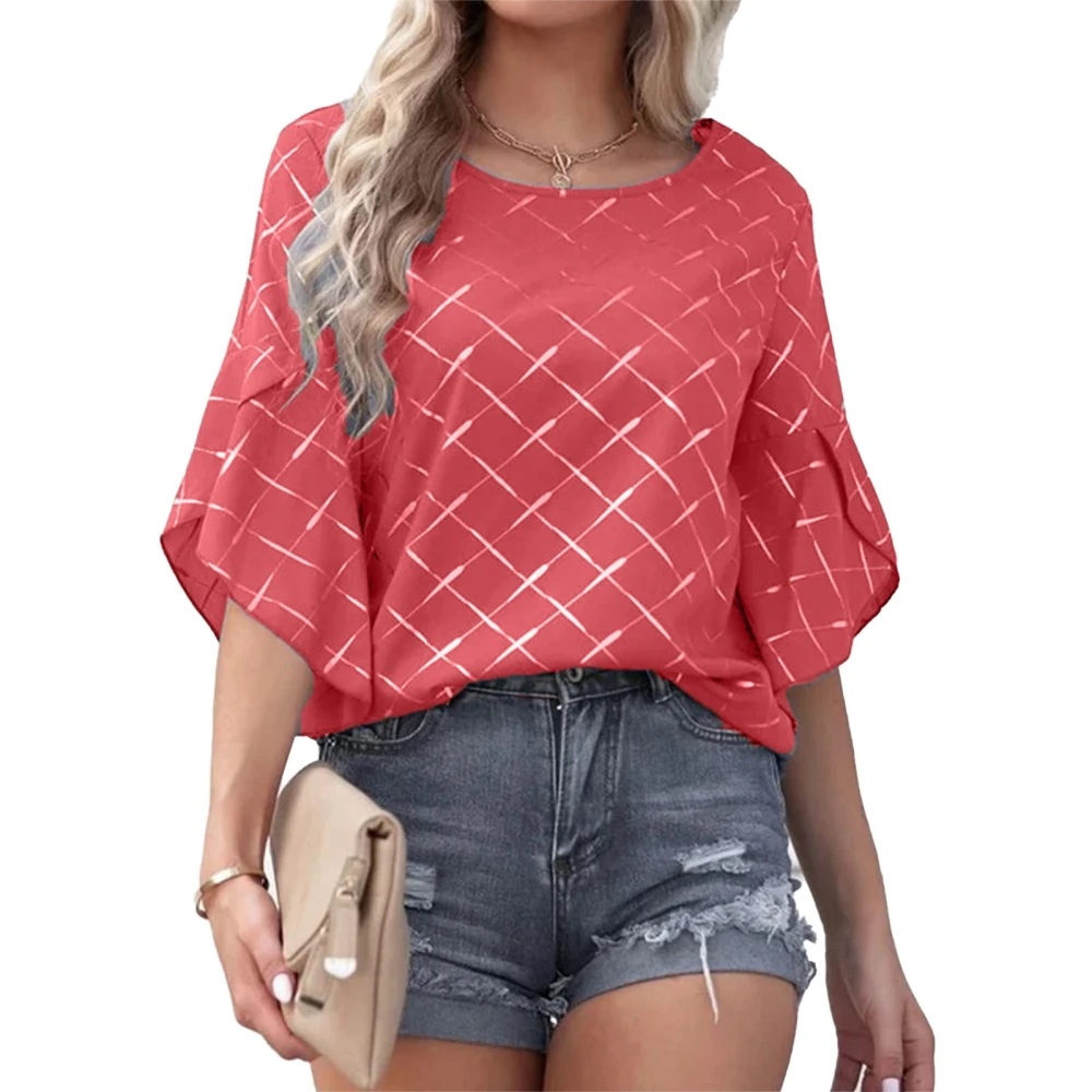 Women Short Sleeve Top Round Neck Ruffle Sleeve Blouse Printed Shirt Summer Loose Shirt Red S