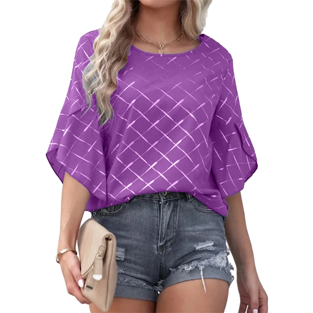 Women Short Sleeve Top Round Neck Ruffle Sleeve Blouse Printed Shirt Summer Loose Shirt Purple XL