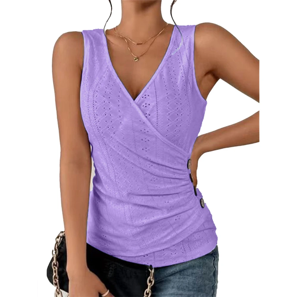 Wrap V Neck Ruched Tank Top Women Plain Color Waist Gathered Eyelet Hollow Button Decor Sleeveless Shirt Purple XL