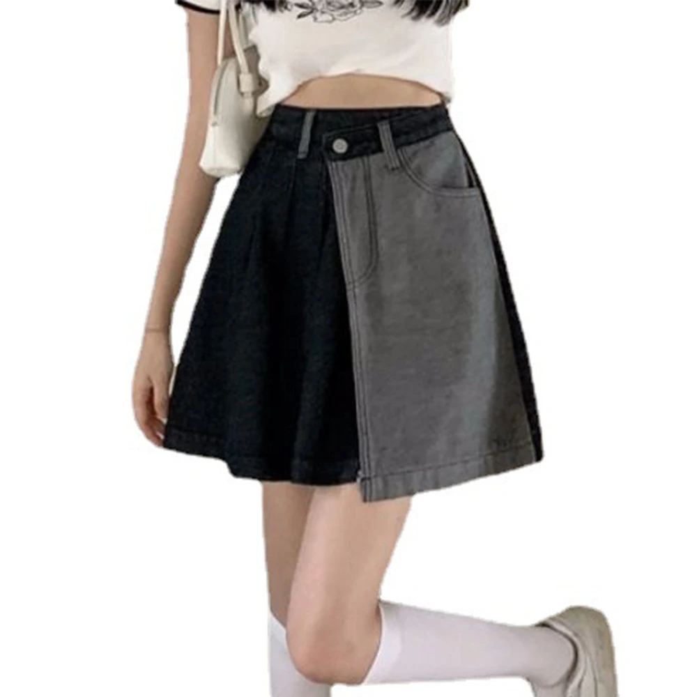 Pleated Skirt High Waist Color Block A Line Breathable Irregular Women Pleated Short Skirt for Spring Summer Black S, Recommended 40‑47.5kg/88.2‑104.7lb