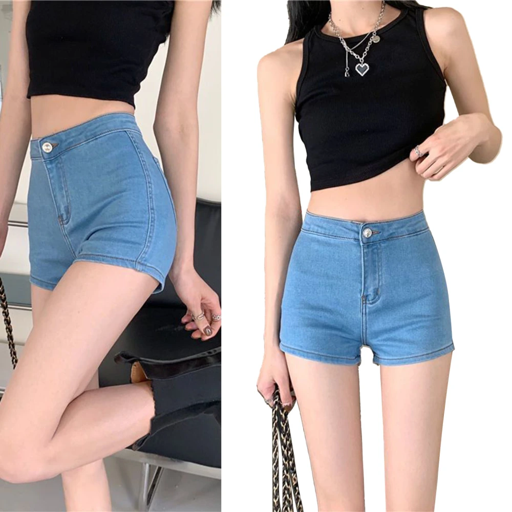 Women Shorts High Waist Slim Fit Stretchy Fashionable Lady Shorts for Daily Dating Shopping Light Blue L