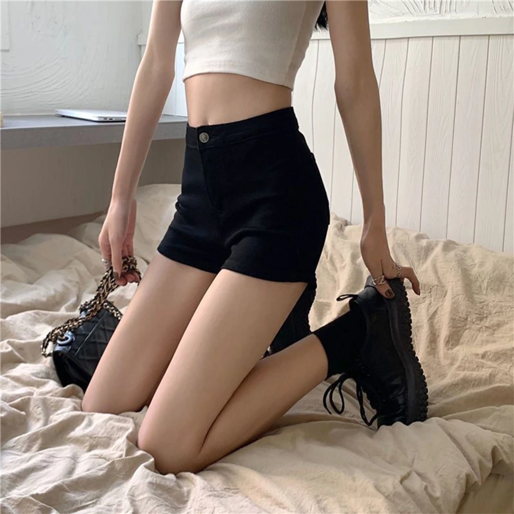 Women Shorts High Waist Slim Fit Stretchy Fashionable Lady Shorts for Daily Dating Shopping Black L