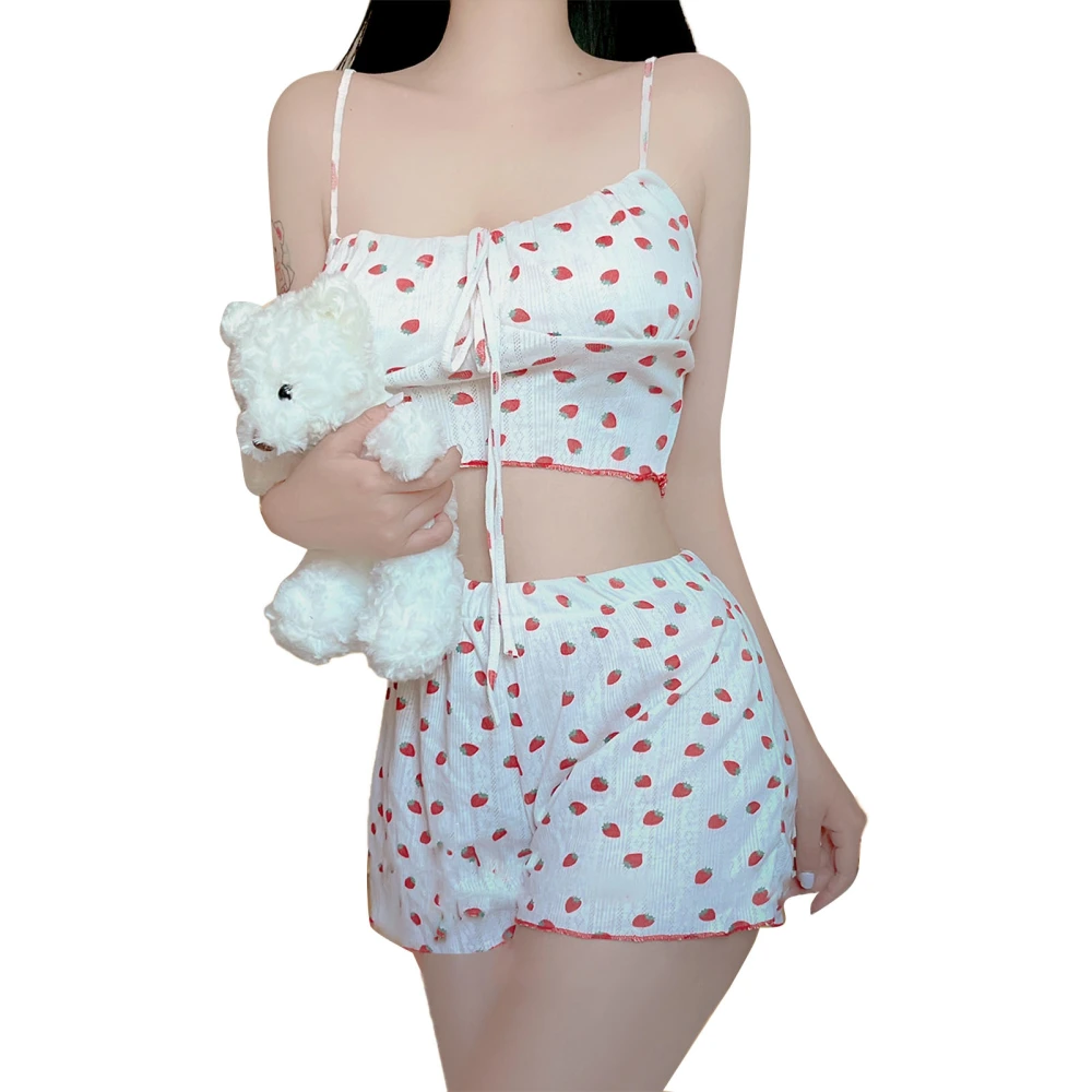 Women Nightwear Pajamas Set Strawberry Patterns Spaghetti Straps Tank Top Shorts Sleepwear White XL