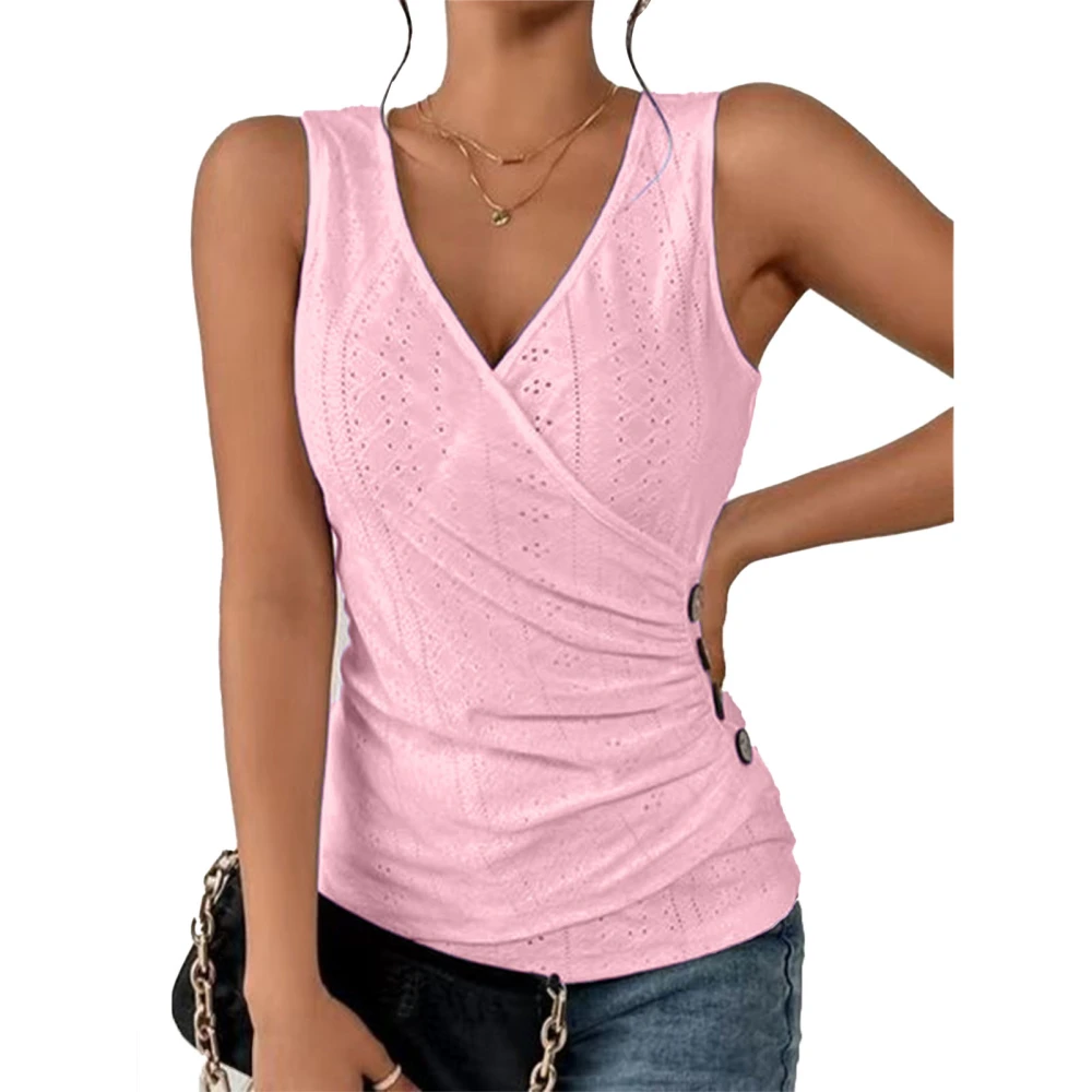 Wrap V Neck Ruched Tank Top Women Plain Color Waist Gathered Eyelet Hollow Button Decor Sleeveless Shirt Pink S