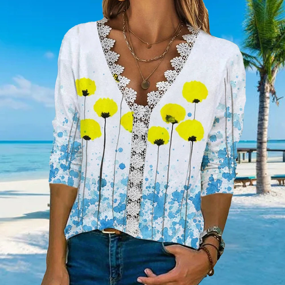 3/4 Sleeve Blouse Top V Neckline Casual Fitted Lace Trim Blouse Shirt for Women Summer Dating Yellow XXL