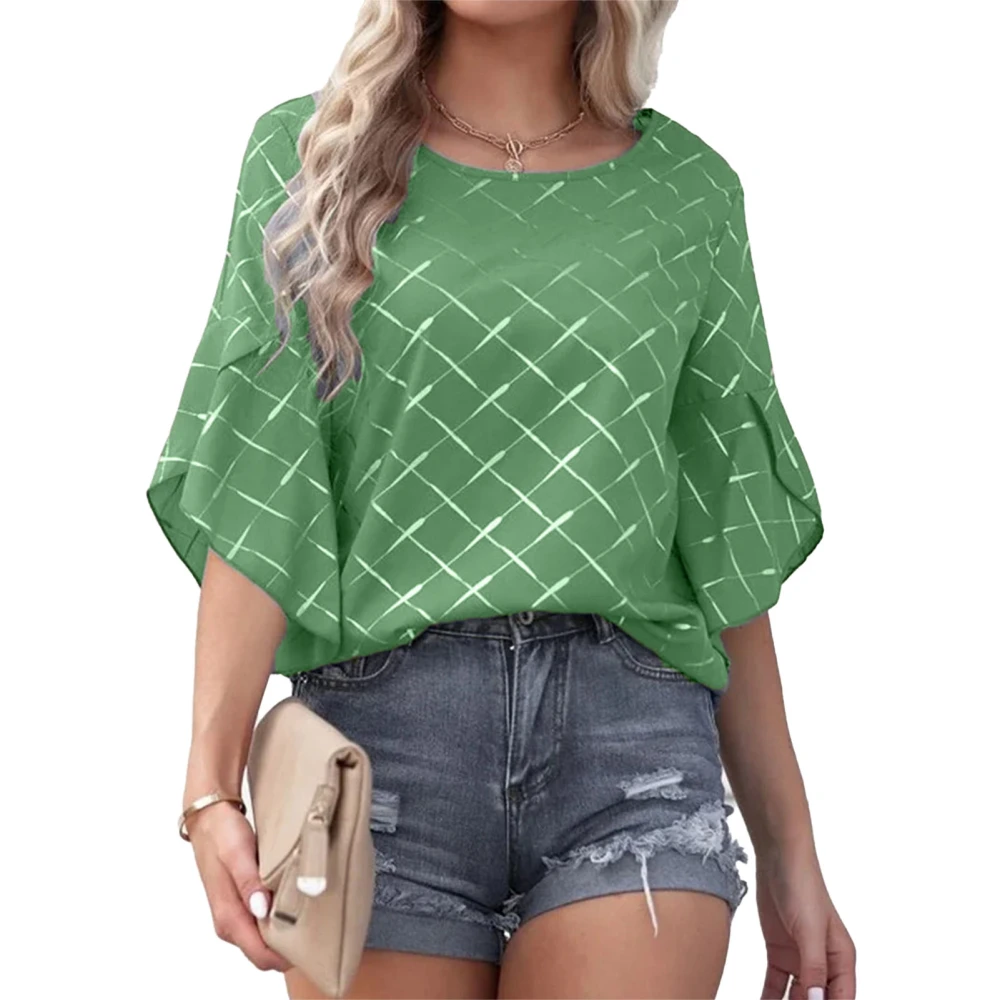 Women Short Sleeve Top Round Neck Ruffle Sleeve Blouse Printed Shirt Summer Loose Shirt Green S