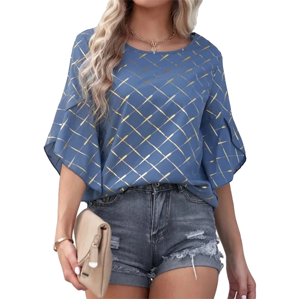 Women Short Sleeve Top Round Neck Ruffle Sleeve Blouse Printed Shirt Summer Loose Shirt Blue S