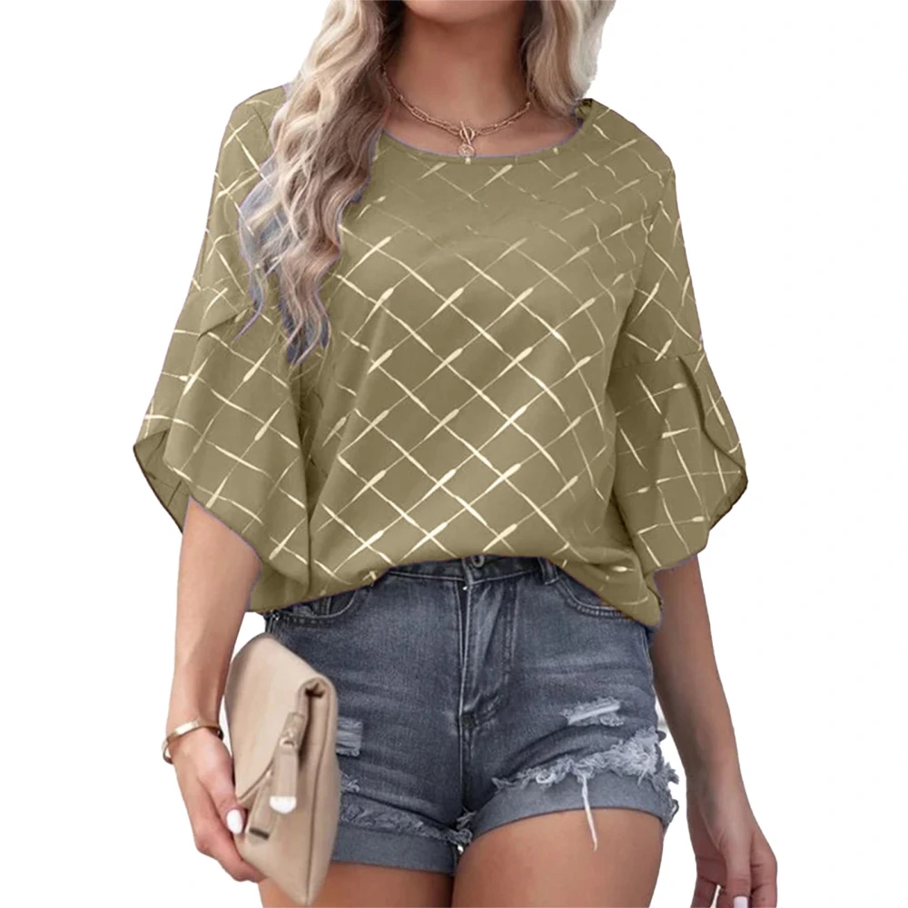 Women Short Sleeve Top Round Neck Ruffle Sleeve Blouse Printed Shirt Summer Loose Shirt Khaki XL