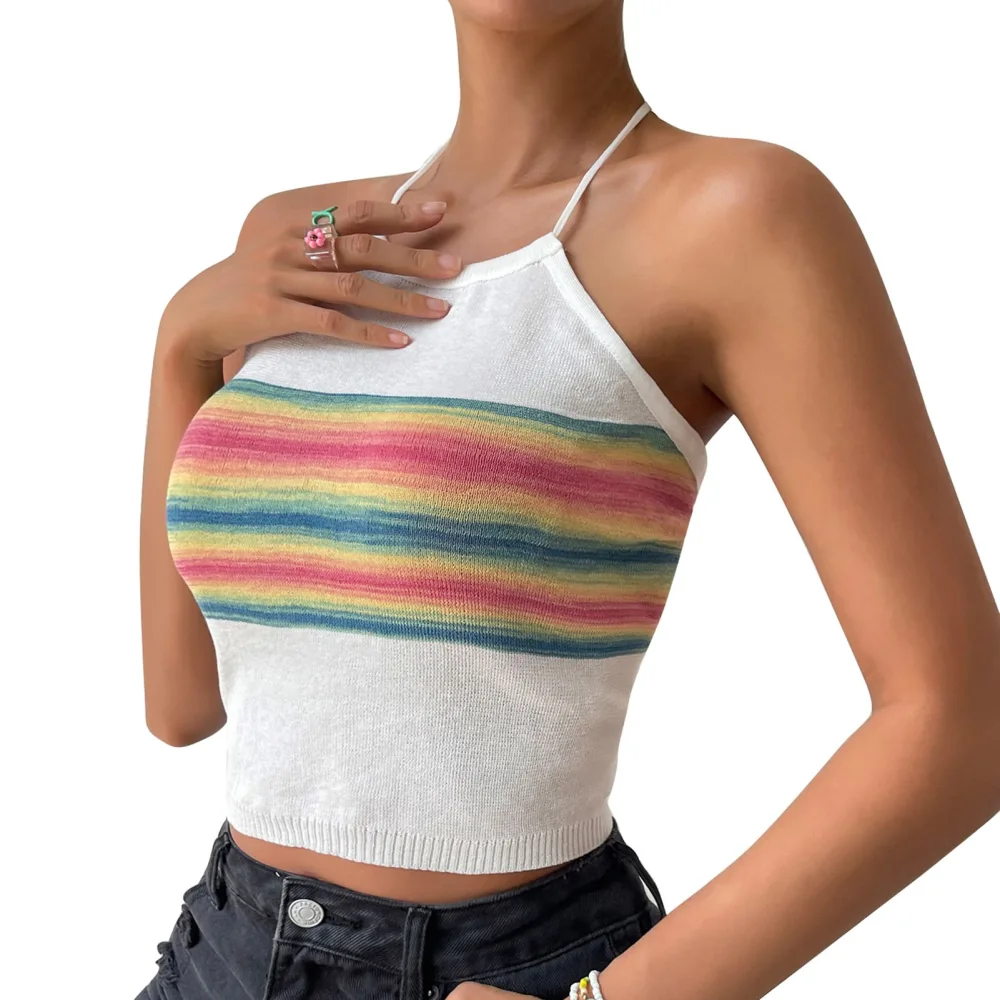 Women Tank Top Colorful Pattern Halter Neck Backless Neck Tie Sleeveless Top for Date Travel White M