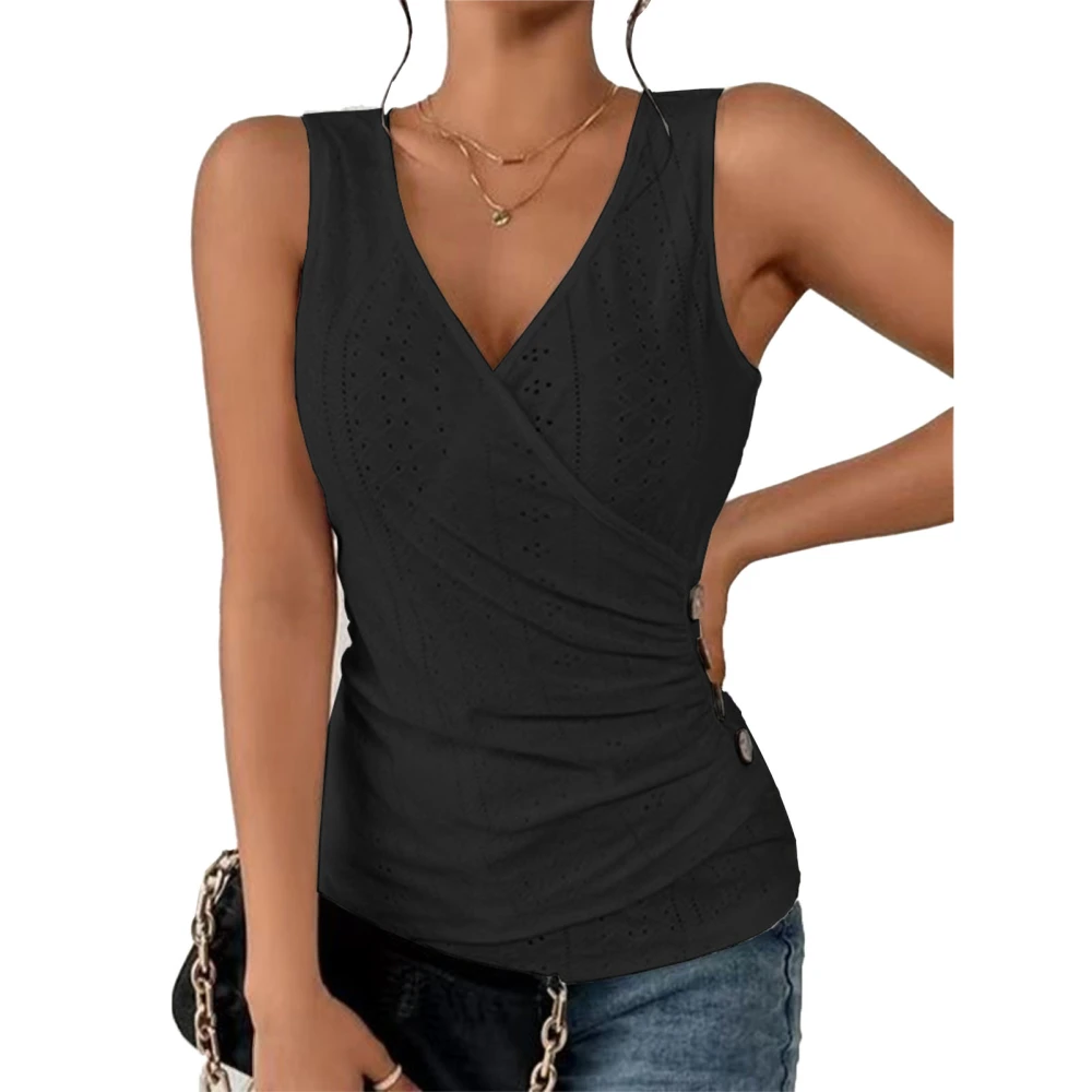 Wrap V Neck Ruched Tank Top Women Plain Color Waist Gathered Eyelet Hollow Button Decor Sleeveless Shirt Black S