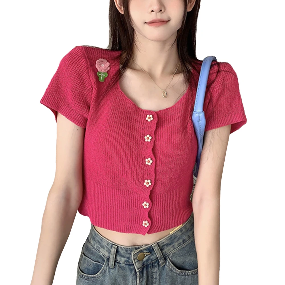 Short Button Up Sweater for Women Fashionable Slim Fit Comfortable Knitted Open Front Blouse for Daily Life Red Free Size(37.5‑60kg/82.7‑132.3lb)