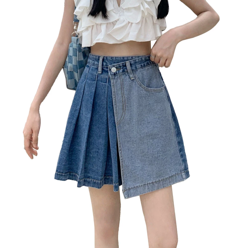 Pleated Skirt High Waist Color Block A Line Breathable Irregular Women Pleated Short Skirt for Spring Summer Blue M, 47.5‑55kg/104.7‑121.2lb