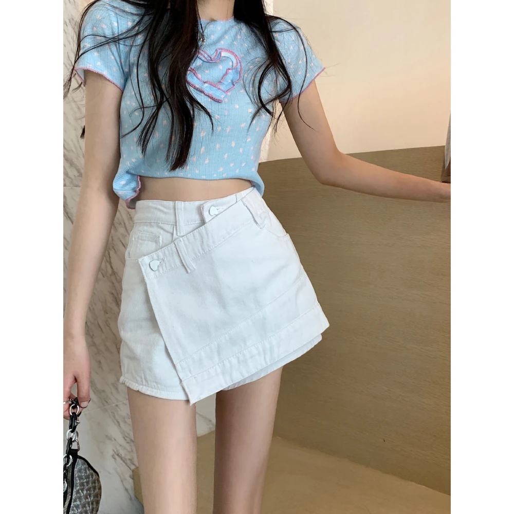 Skirt Shorts High Waisted Irregular Plain Color Skirt Shorts for Women Lady Girl Dating White L