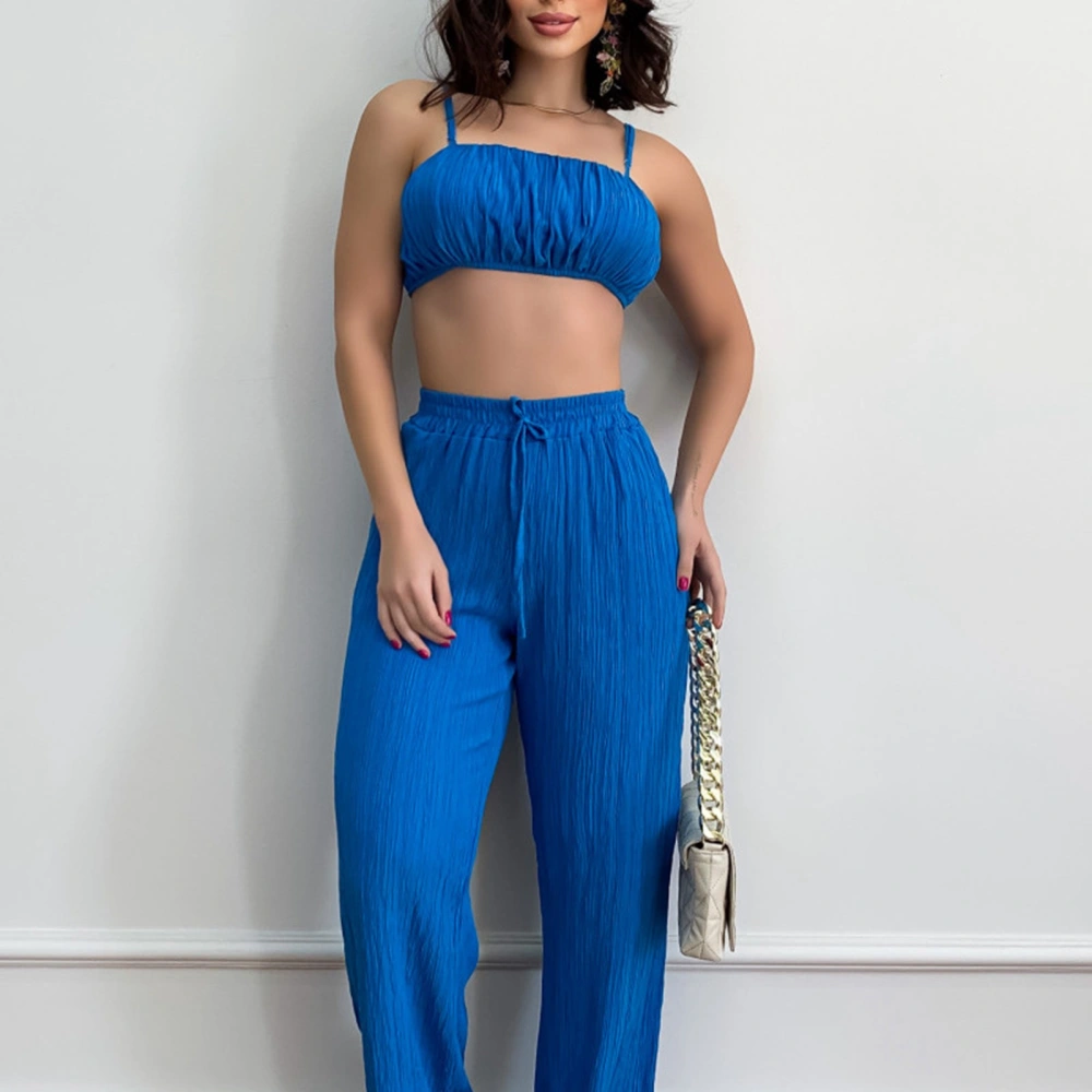 Women Summer Suit Ruched Bust Spaghetti Straps Tube Top High Rise Elastic Waist Long Pants Pure Color Summer Suit Blue L