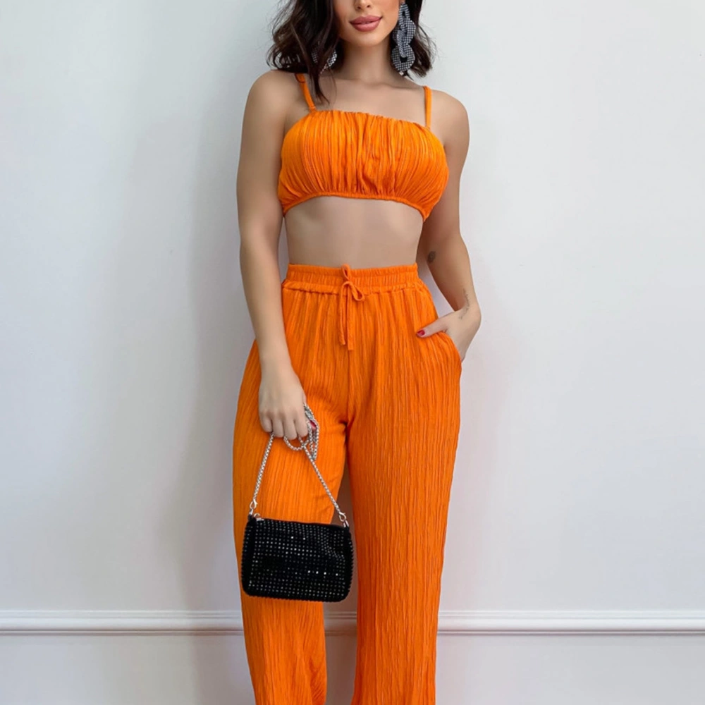 Women Summer Suit Ruched Bust Spaghetti Straps Tube Top High Rise Elastic Waist Long Pants Pure Color Summer Suit Orange m