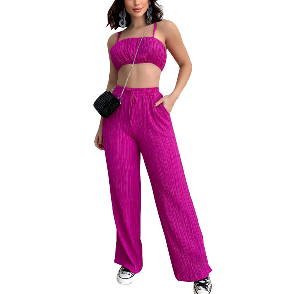 Women Summer Suit Ruched Bust Spaghetti Straps Tube Top High Rise Elastic Waist Long Pants Pure Color Summer Suit Rose L