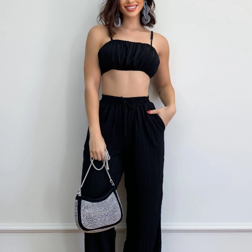 Women Summer Suit Ruched Bust Spaghetti Straps Tube Top High Rise Elastic Waist Long Pants Pure Color Summer Suit Black L