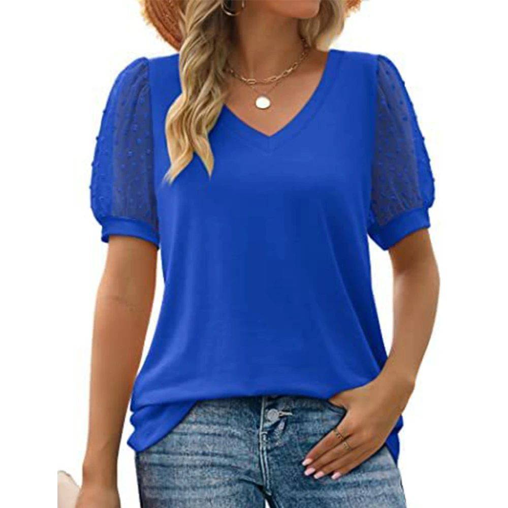 Women V Neck Puff Short Sleeve Shirts Summer Fashion Pure Color Loose Casual Women Short Sleeve Blouse Royalblue M