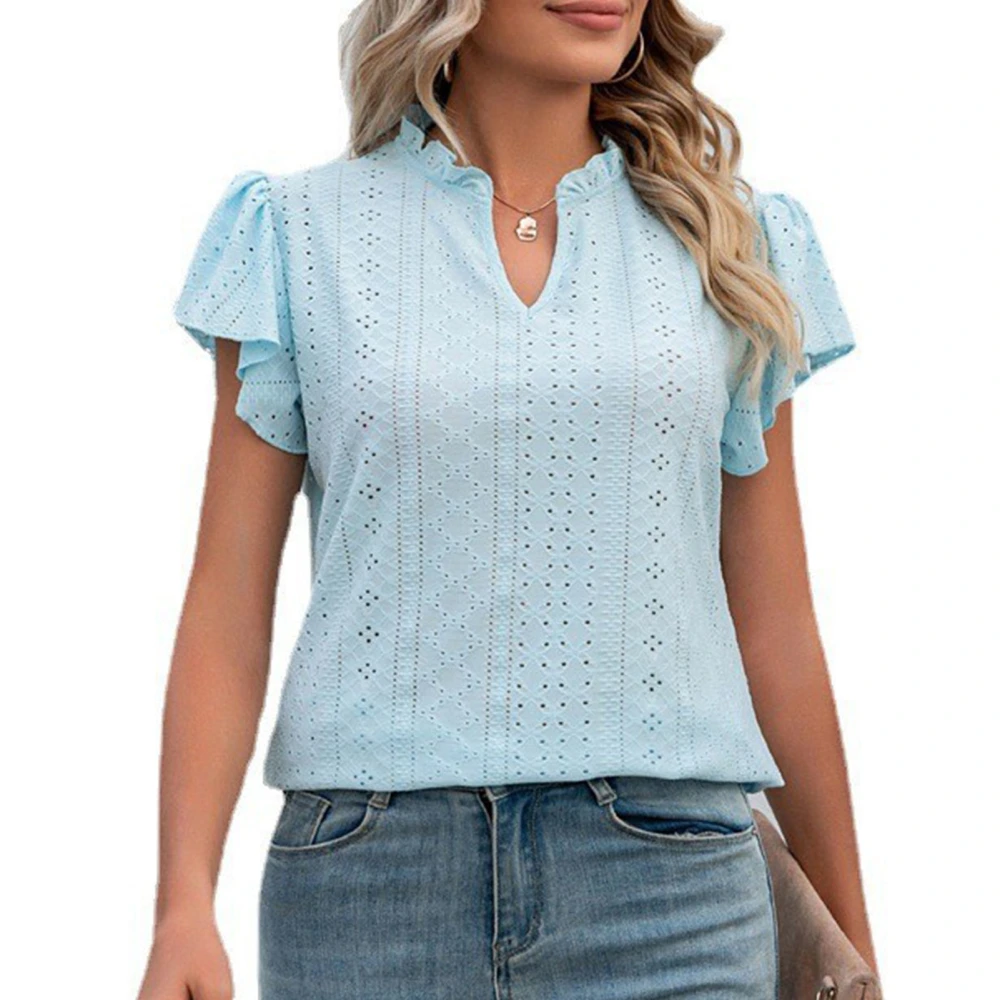 Women Short Sleeve Top V Neck Ruffle Sleeve Blouse Eyelet Pure Color Loose Top Summer Fashionable Blouse Light Blue XXL