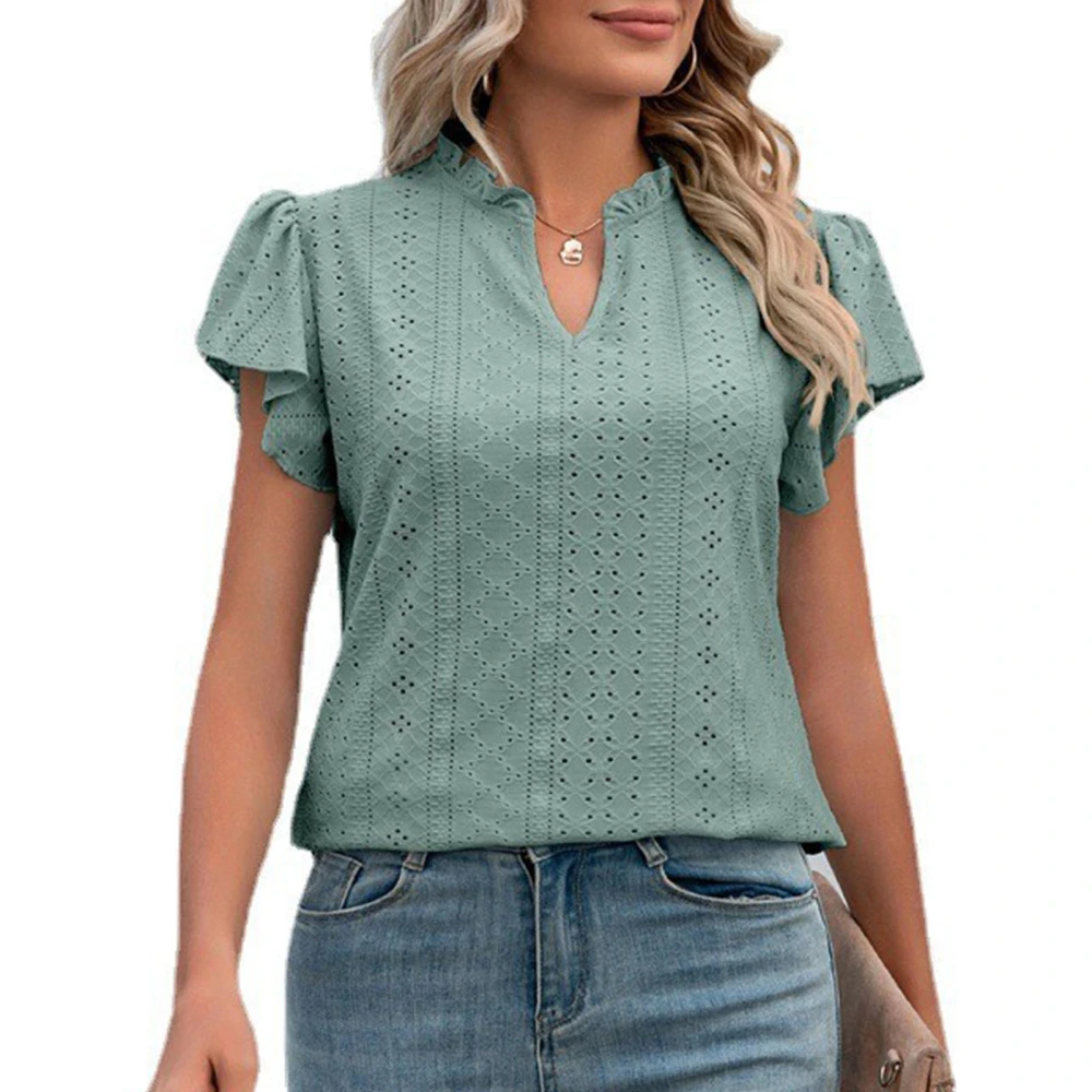 Women Short Sleeve Top V Neck Ruffle Sleeve Blouse Eyelet Pure Color Loose Top Summer Fashionable Blouse Dark Green XL