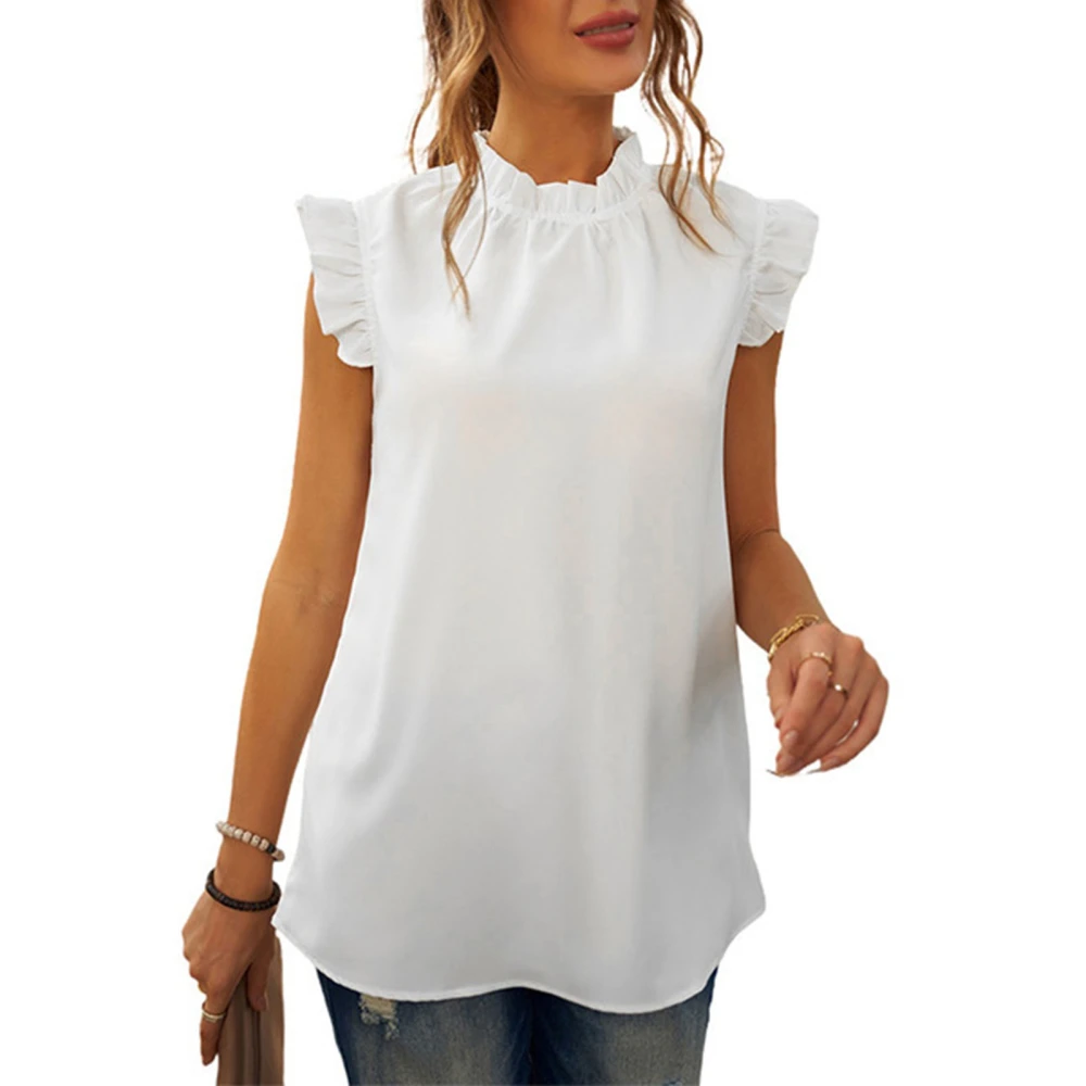 Women Ruffle Trim Cap Sleeve Top Frill Trim Casual Plain Color Dressy Summer Pullover Blouse White XXL