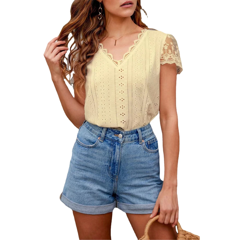 Lace Crochet V Neck T Shirt Women Casual Fashionable Plain Color Lace Short Sleeve Hollow Top Blouse Yellow S